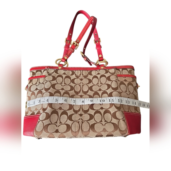 Coach Maroon Leather trim Monogram Shoulder Tote Bag - Picture 11 of 15